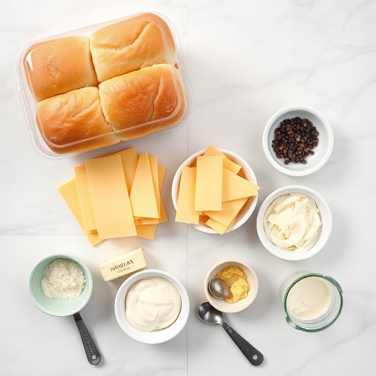 Overhead shot of Hawaiian rolls, sliced cheese, butter, mayonnaise, and shredded cheddar laid out for grilled cheese, with prep bowls and bright natural light.