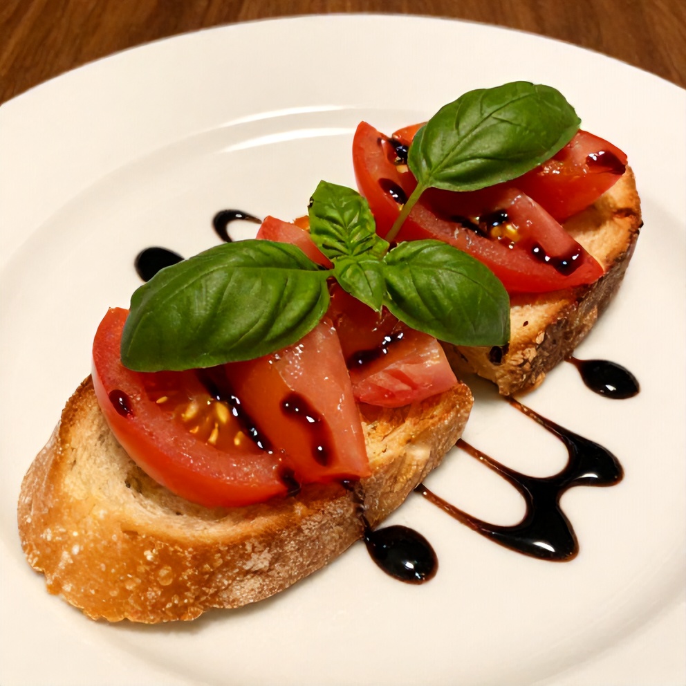 Plated serving of Heirloom Tomato Bruschetta on a white plate