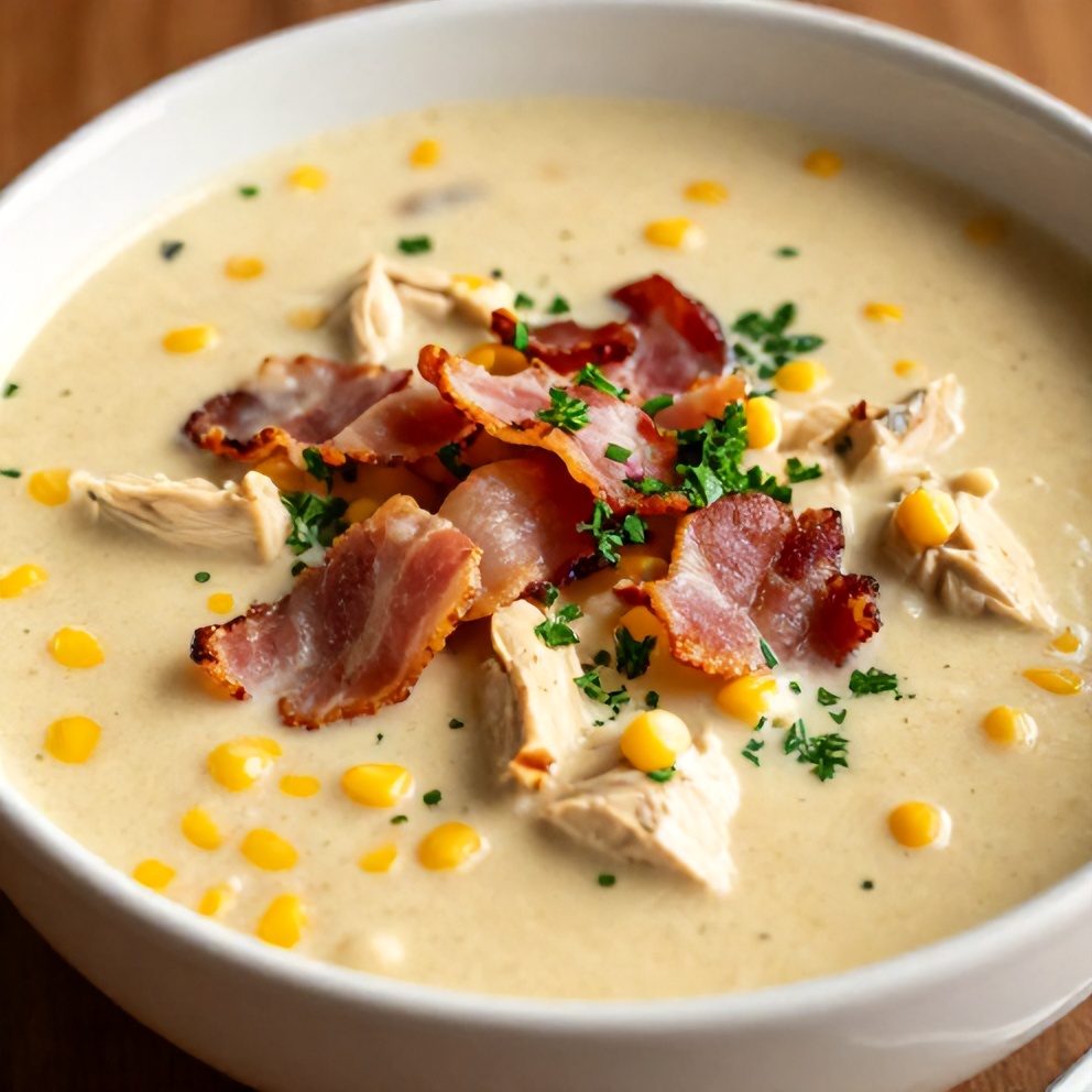 Bowl of Chicken Corn Chowder with Crispy Bacon
