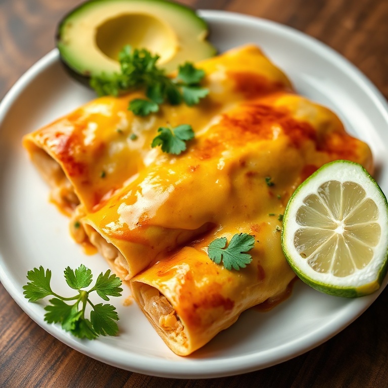 Plated chicken enchiladas with a side of avocado and lime