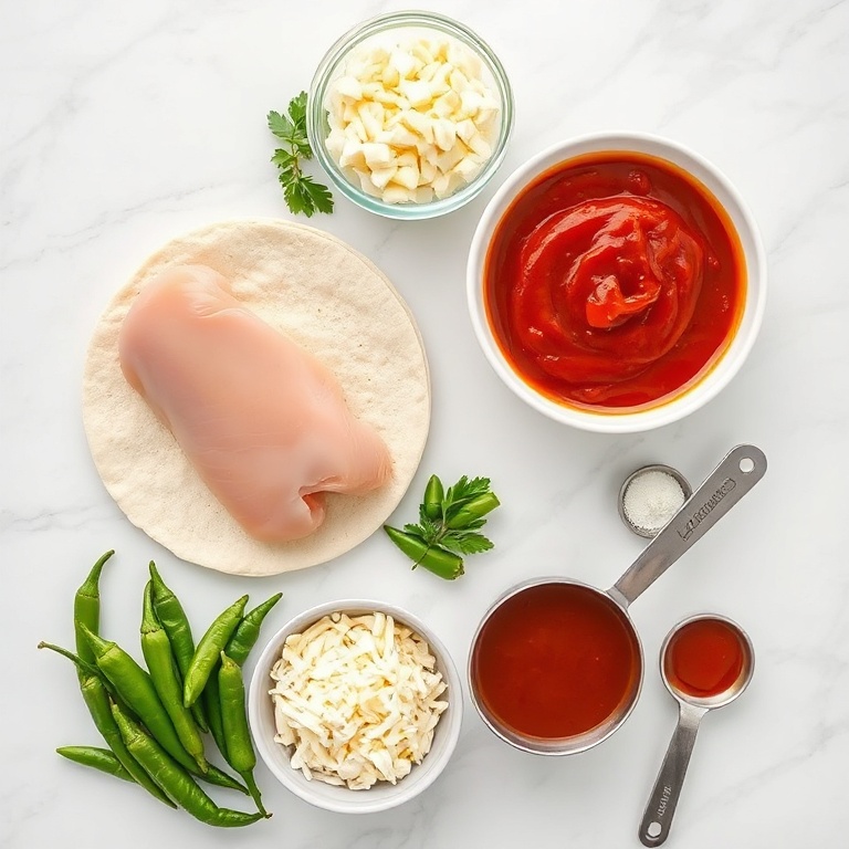Chicken breast, tortillas, cheese, green chilies, and enchilada sauce arranged in a flat lay