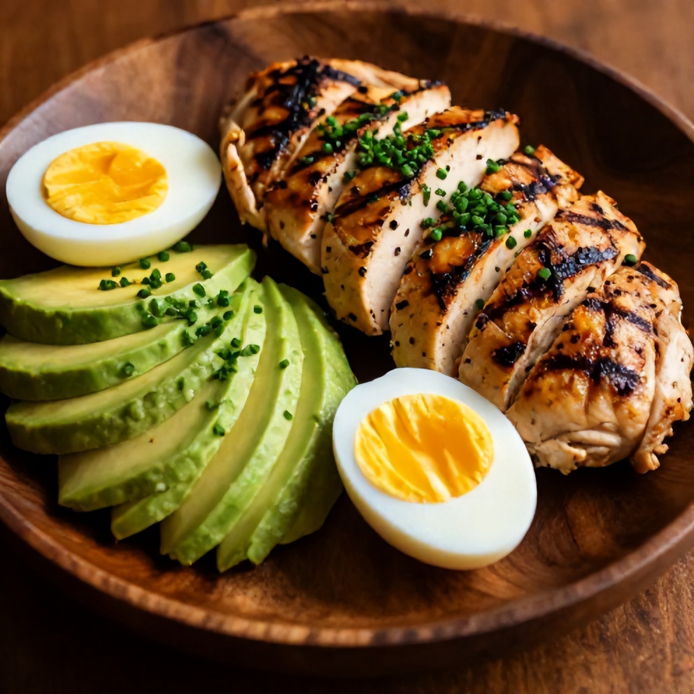 Plated high protein grilled chicken cobb salad with avocado and hard-boiled eggs