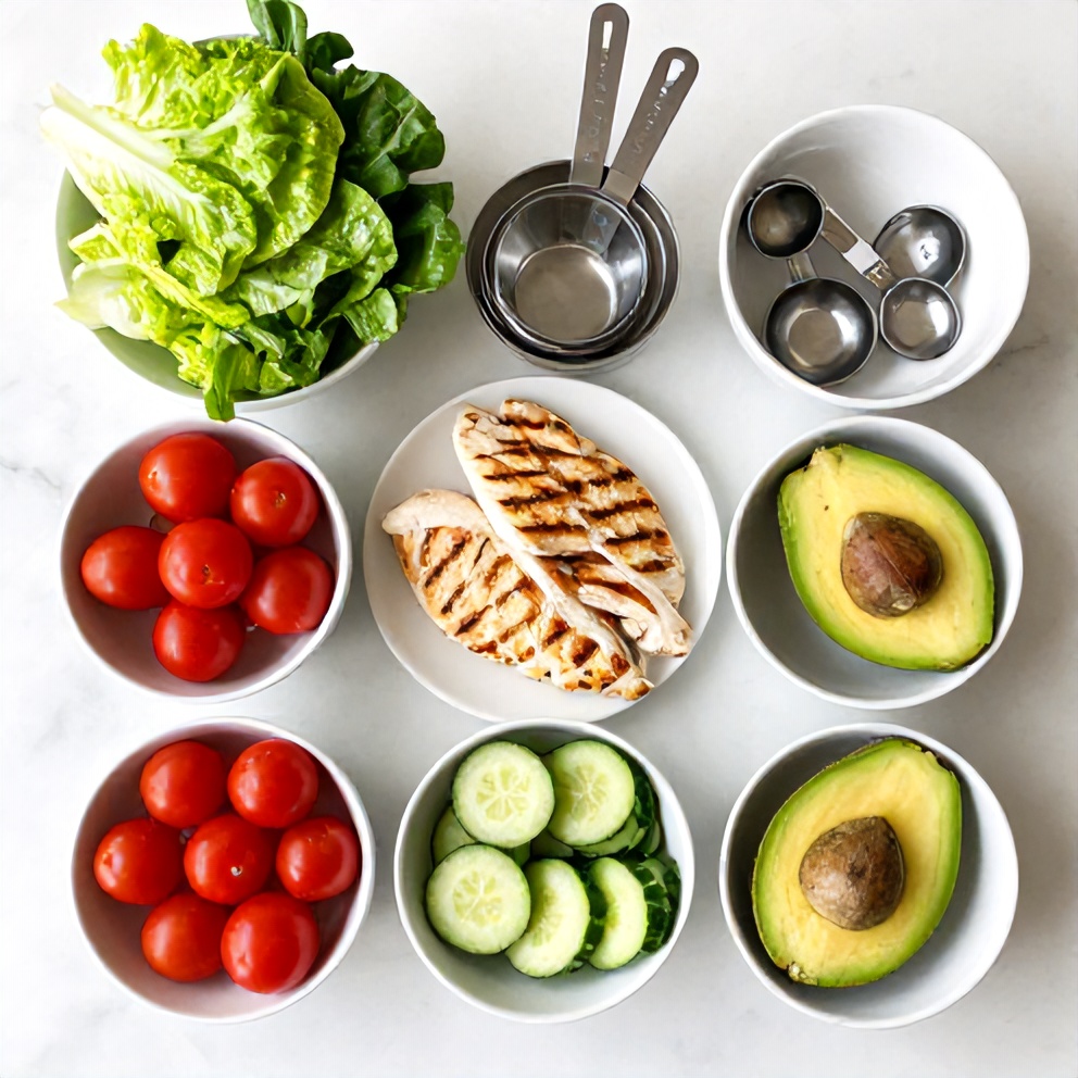 Raw ingredients for high protein grilled chicken cobb salad