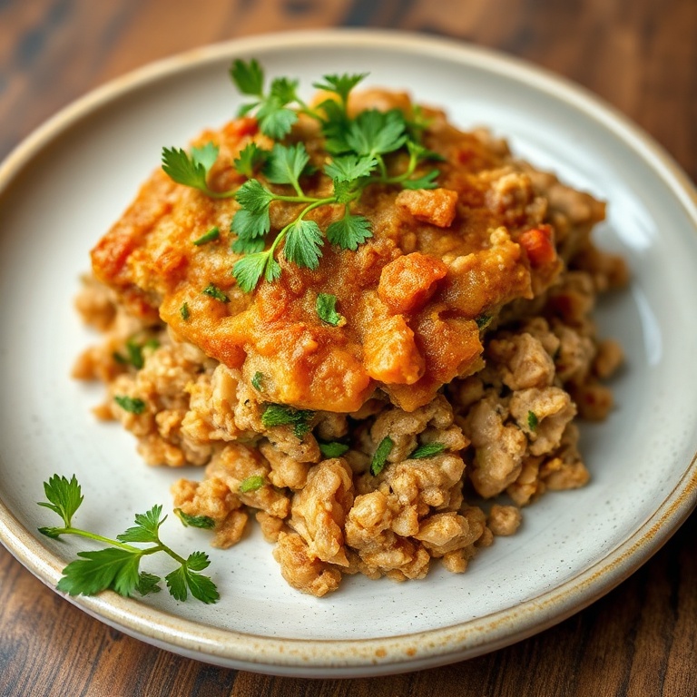 Perfectly plated ground turkey casserole. Topped with fresh herbs. Close crop shows texture. Warm lighting. No text. No watermark.