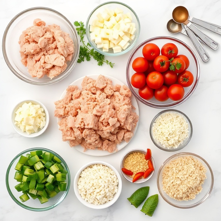 Raw ingredients for ground turkey casserole. Ground turkey, cheese, vegetables, seasonings, and tomatoes arranged in a flat lay. Measuring cups and bowls visible. Bright even light. No text. No watermark.
