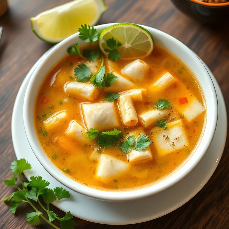 Perfect plated serving of homemade egg roll soup. Garnished with fresh cilantro and a slice of lime. The soup fills 90% of the frame. A white ceramic bowl is visible. Warm side lighting highlights the texture. Photorealistic food photography style, no text, no watermark.