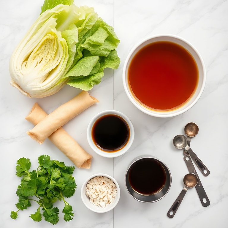 Overhead flat lay of the raw ingredients for homemade egg roll soup. Cabbage, ginger, egg rolls, chicken broth, and soy sauce are the most visually prominent. Prep bowls, measuring spoons, and measuring cups are visible. White marble surface. Bright even natural light. Photorealistic overhead food photography style, no text, no watermark.