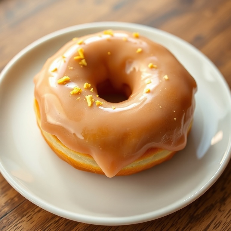 One freshly glazed homemade donut sprinkled with a touch of lemon zest on a simple white plate, showing its fluffy air pockets and shiny glaze