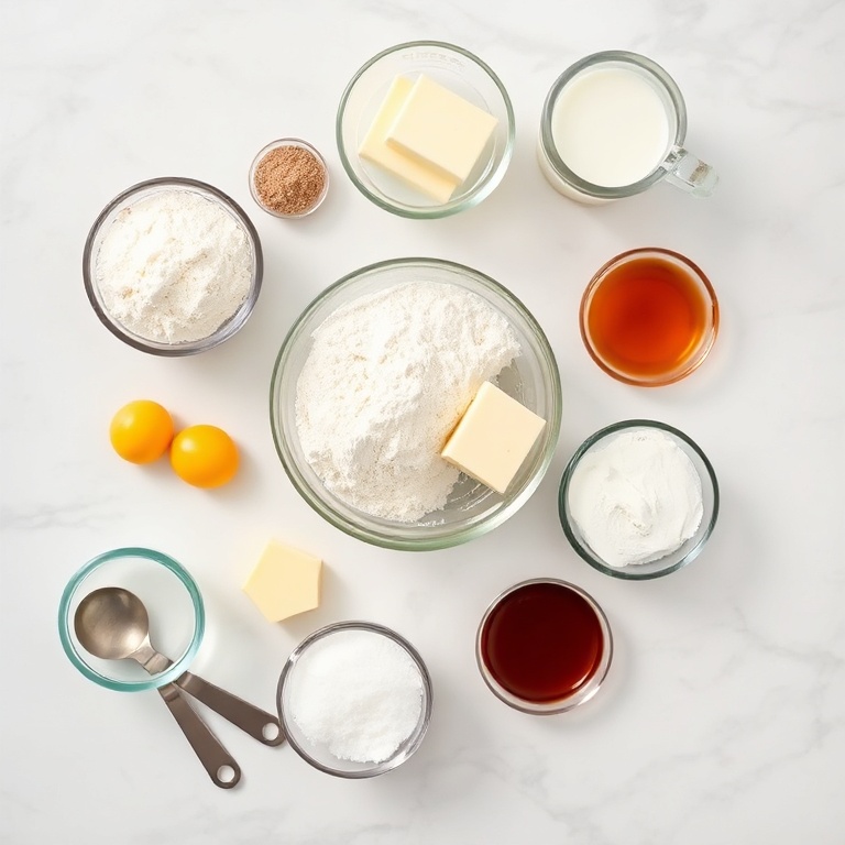 All main ingredients for easy homemade glazed donuts neatly arranged, with flour, eggs, butter, sugar, and yeast at the center, surrounded by prep bowls and spoons