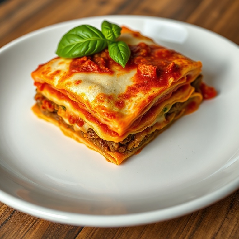 A sliced lasagna with melty cheese, juicy meat sauce, and fresh basil on a white plate