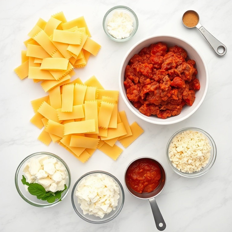 Lasagna noodles, ground beef, tomato sauce, ricotta, mozzarella, and parmesan in a flat lay