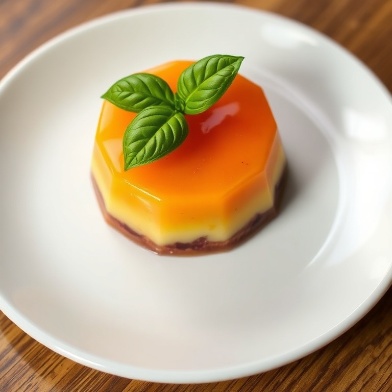 A single serving of Easy Homemade Pates de Fruits, topped with a fresh basil leaf. The dessert is perfectly shaped and glistening. A white plate adds contrast to the colors.