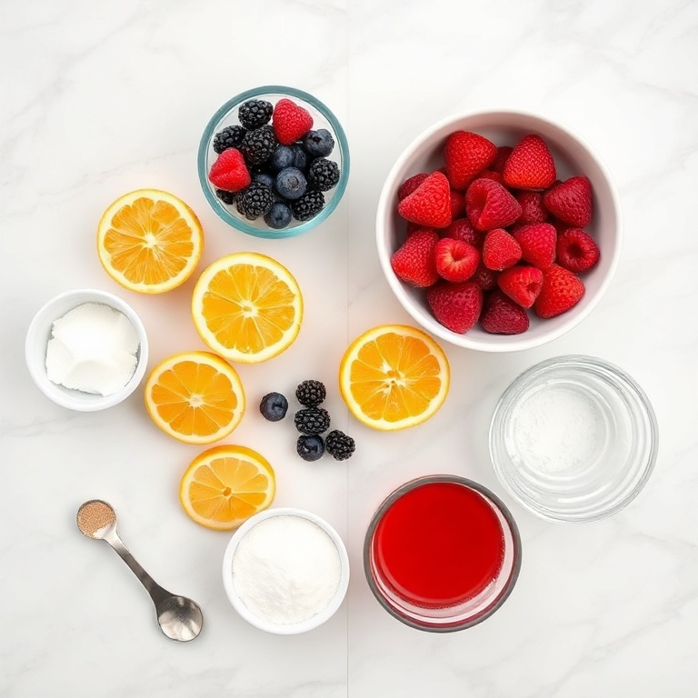 A flat lay of the ingredients for Easy Homemade Pates de Fruits. Fresh berries, citrus fruits, sugar, and gelatin are visible. Measuring tools and bowls add clarity to the setup.