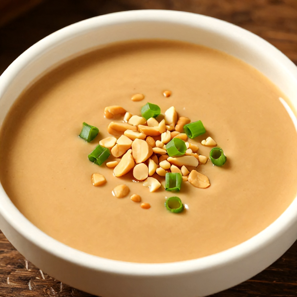 Plated serving of peanut sauce with vegetables