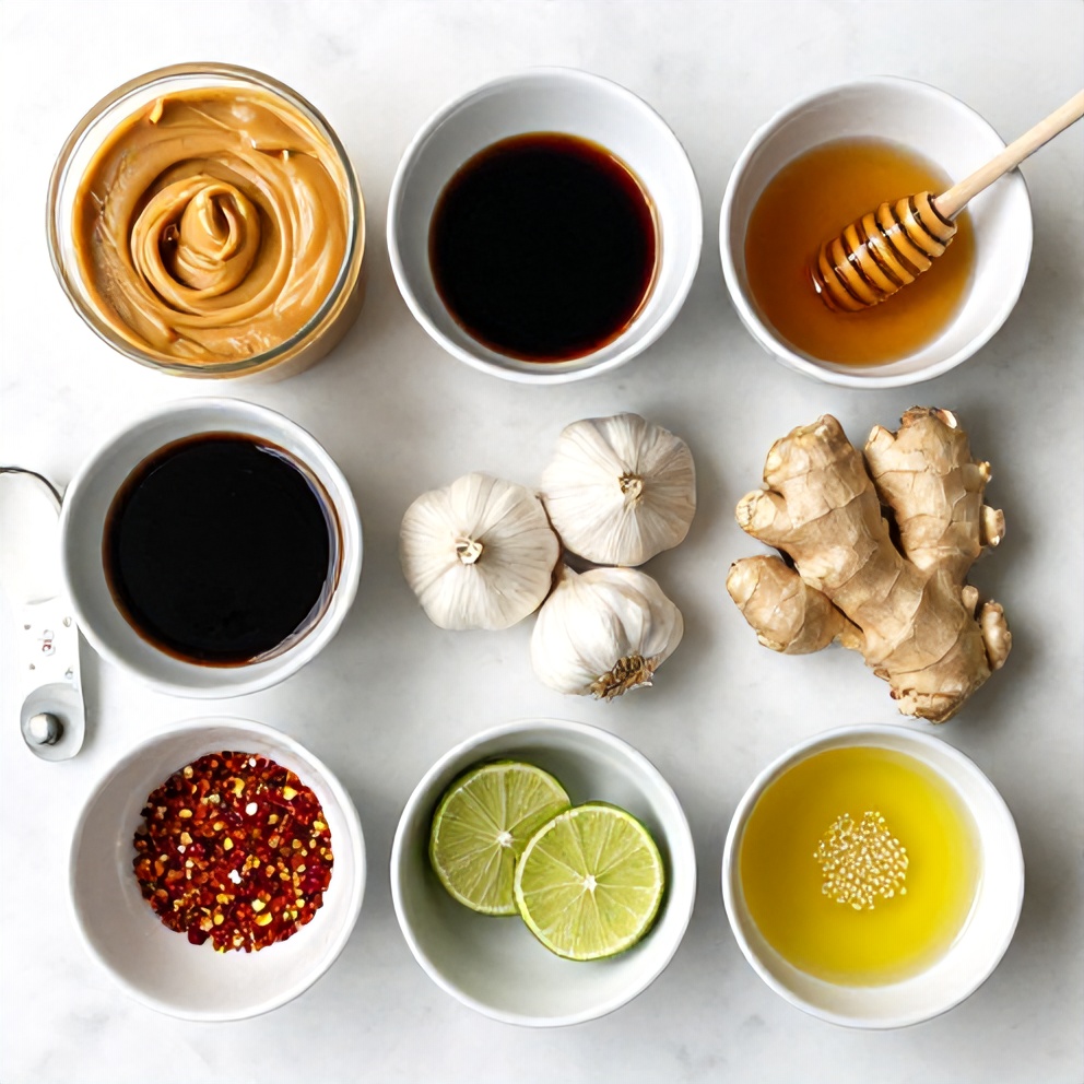 Raw ingredients for peanut sauce arranged in a flat lay