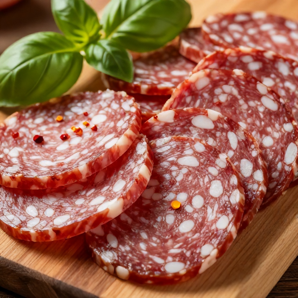 Vegan salami slices on a plate with fresh herbs