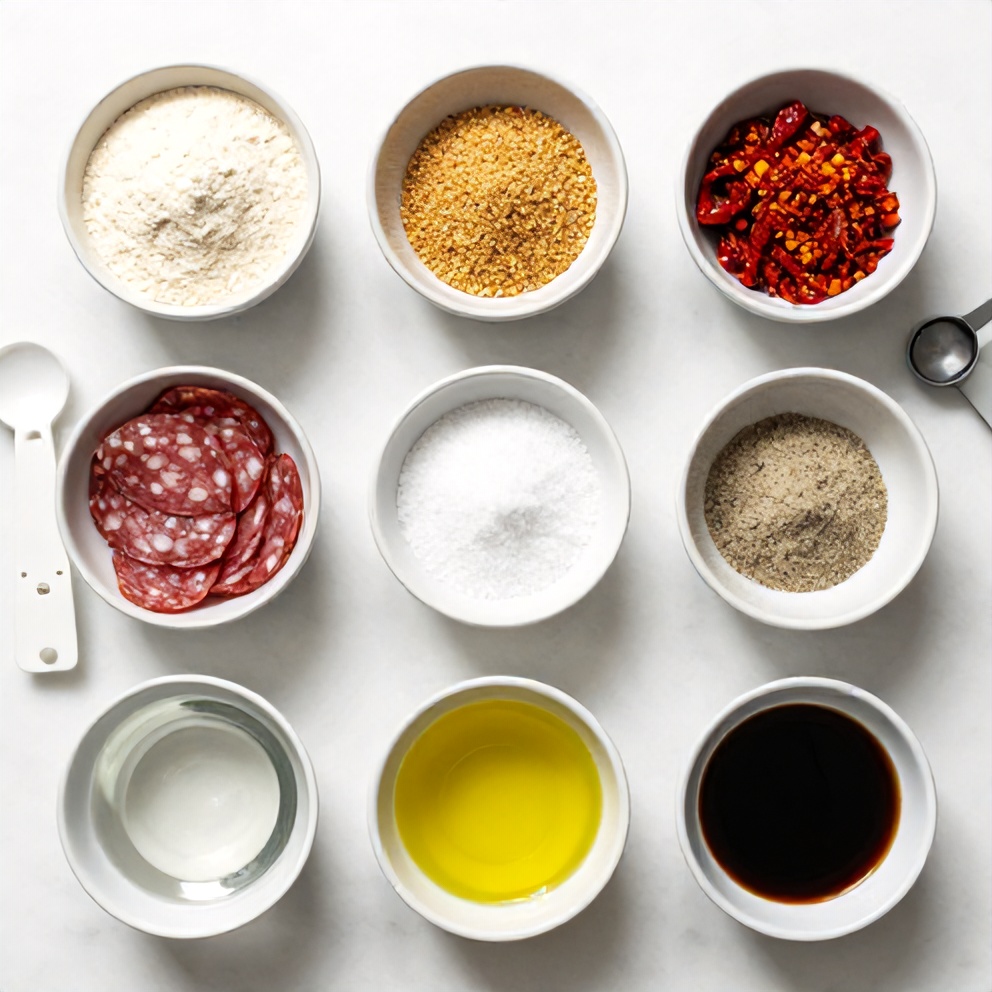 Raw ingredients for vegan salami on a marble surface