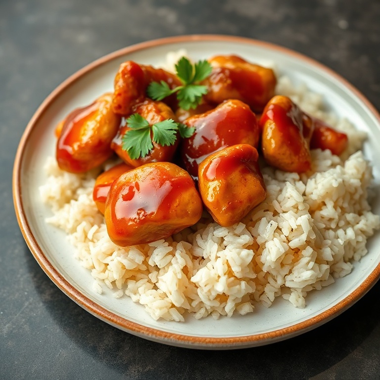 Perfect plate of chicken and rice. Garnished with cilantro. Close crop. Warm lighting. Photorealistic food photography.