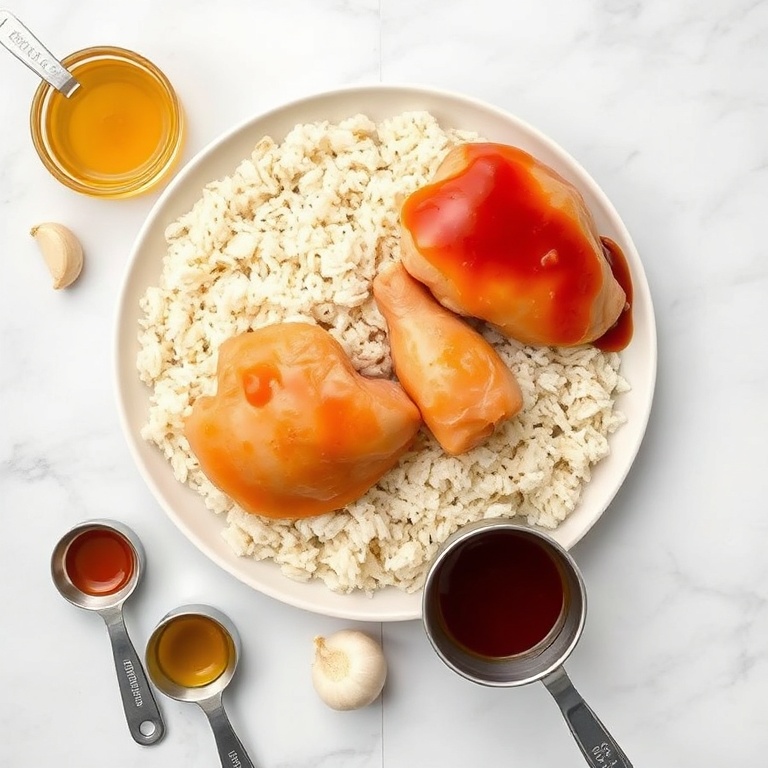 Chicken thighs, rice, honey, BBQ sauce, garlic, onion, olive oil. Overhead flat lay. Measuring spoons and bowls. White marble surface.