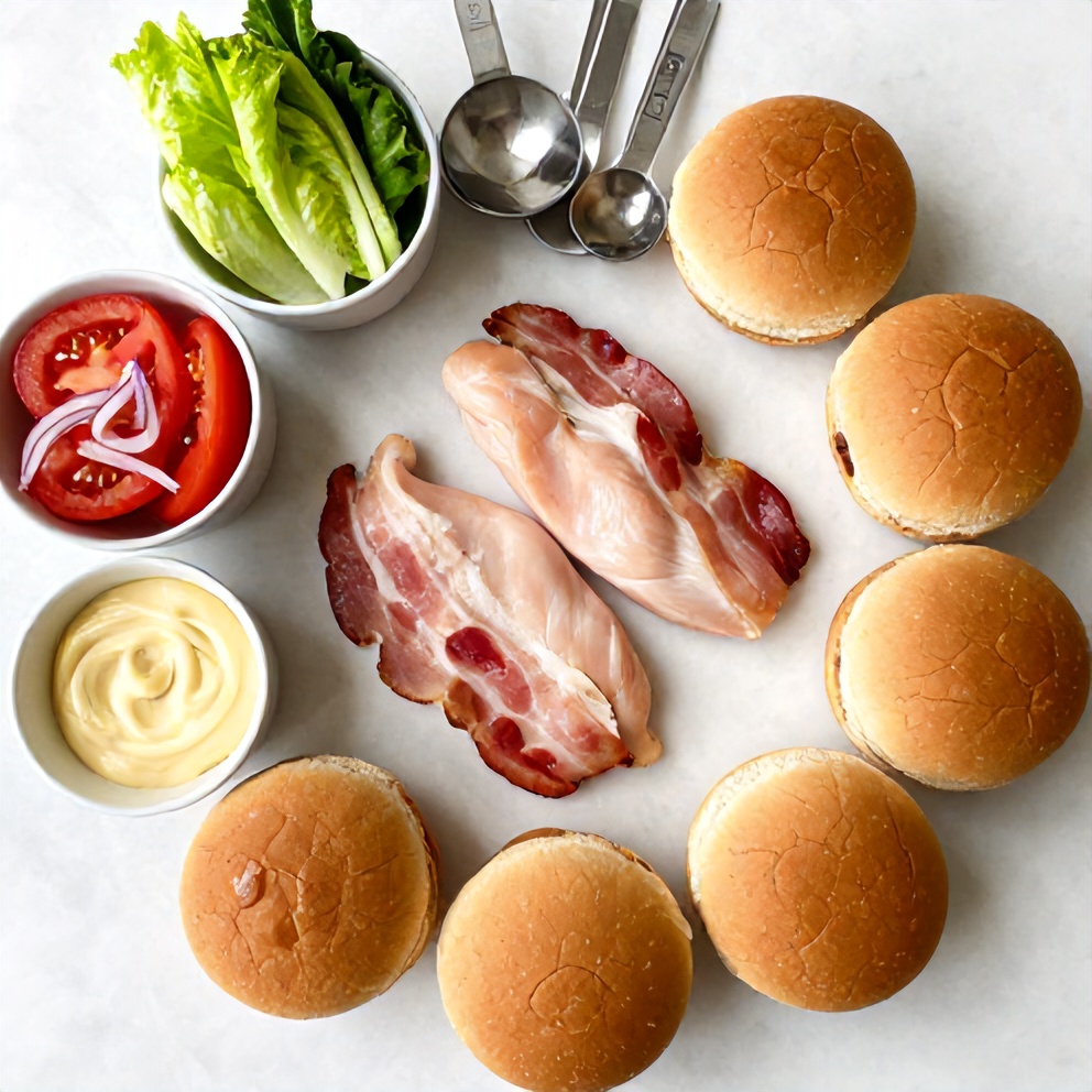 Raw ingredients for Honey Mustard BLT Chicken Sliders on a marble surface