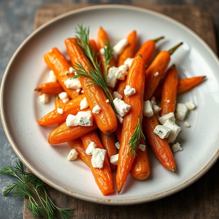 Perfectly plated honey roasted carrots with feta and dill, garnished with fresh dill, close crop showing texture, warm side lighting, photorealistic food photography