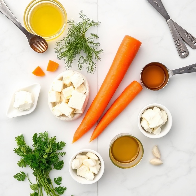 Raw carrots, feta cheese, fresh dill, honey, olive oil, and garlic arranged in a flat lay, white marble surface, measuring spoons and bowls visible