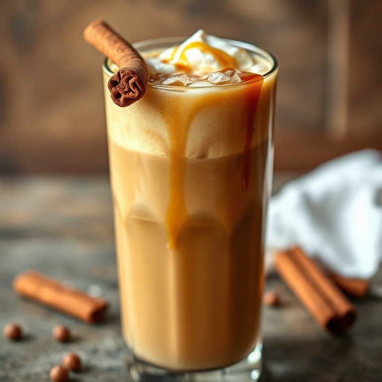 A tall glass of iced cinnamon dolce latte with a cinnamon stick and a drizzle of syrup on top. The glass is filled with rich, frothy coffee.