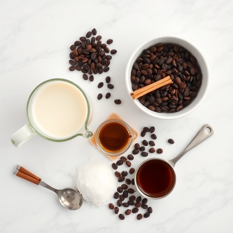 A flat lay of coffee beans, whole milk, a cinnamon stick, a sugar packet, and a small jar of cinnamon syrup. Measuring spoons and a coffee mug are in the background.