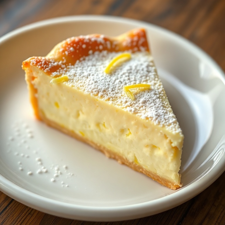 A single slice of Italian Ricotta Pie with lemon zest. Topped with a dusting of powdered sugar. Close-up of the creamy texture and golden crust.