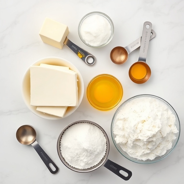 Fresh ricotta cheese, lemon zest, sugar, eggs, and flour arranged in a neat overhead flat lay. Measuring spoons and bowls visible. Bright natural light adds a fresh look.