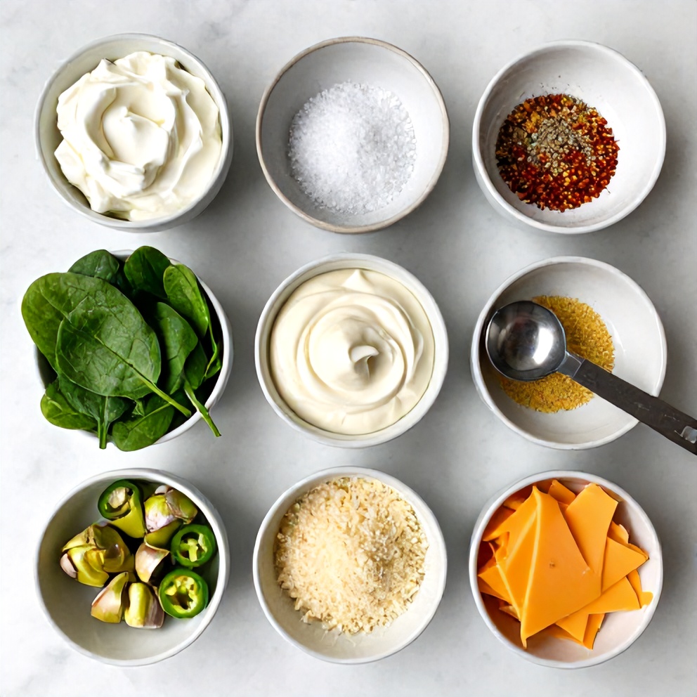 Raw ingredients for Jalapeño Spinach Artichoke Dip