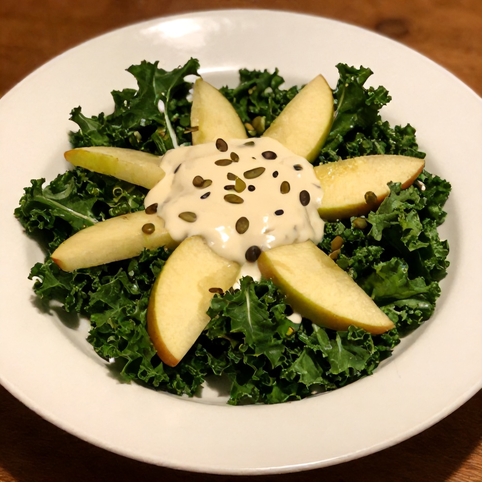 Plated kale apple salad with lemon tahini dressing