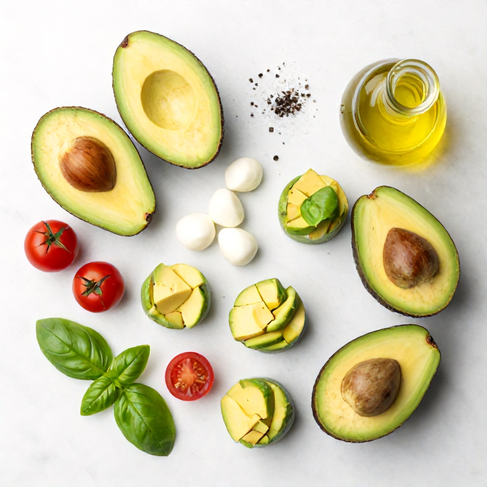Raw ingredients for Keto Caprese Stuffed Avocado Bites on a white marble surface
