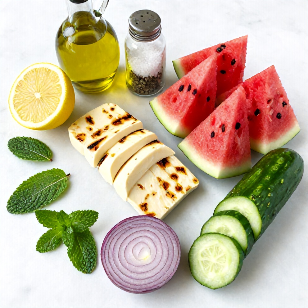 Halloumi, Watermelon, Mint, Cucumber, Red Onion
