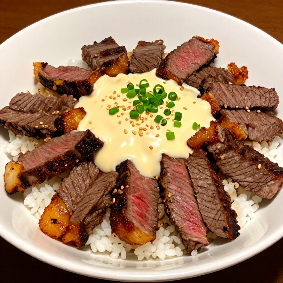 Plated Korean BBQ Steak Rice Bowls with Spicy Cream Sauce