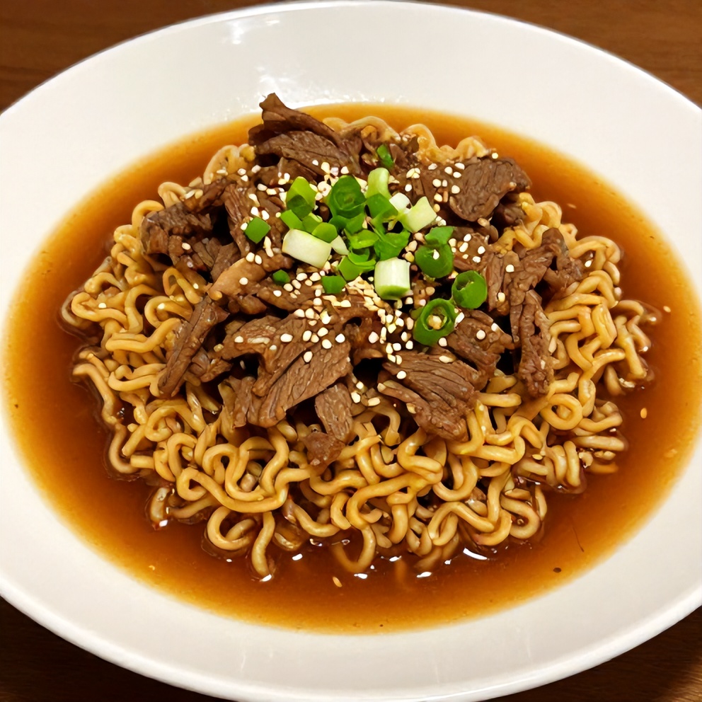 One perfect plated serving of Korean Beef Ramen on a white plate, garnished with green onions