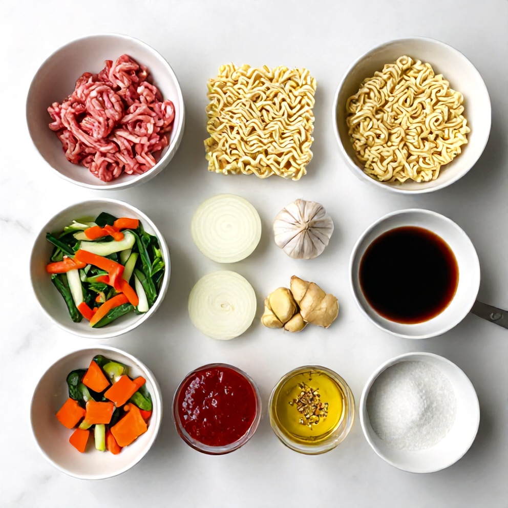 Raw ingredients for Korean Beef Ramen arranged in an overhead flat lay, including beef, ramen noodles, and vegetables