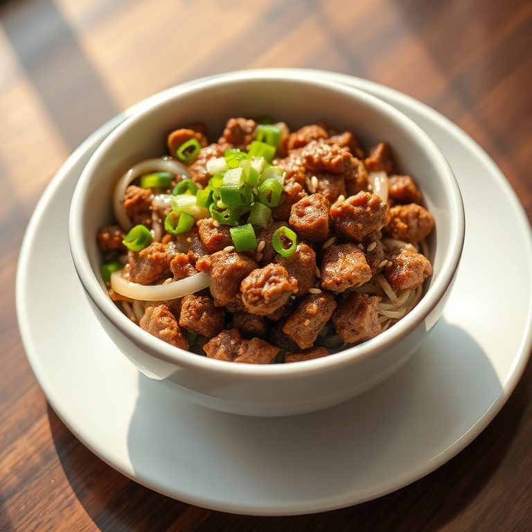A single serving of Korean ground beef bowl in a white ceramic bowl. Topping of green onions and sesame seeds visible. Warm light shows texture and depth.