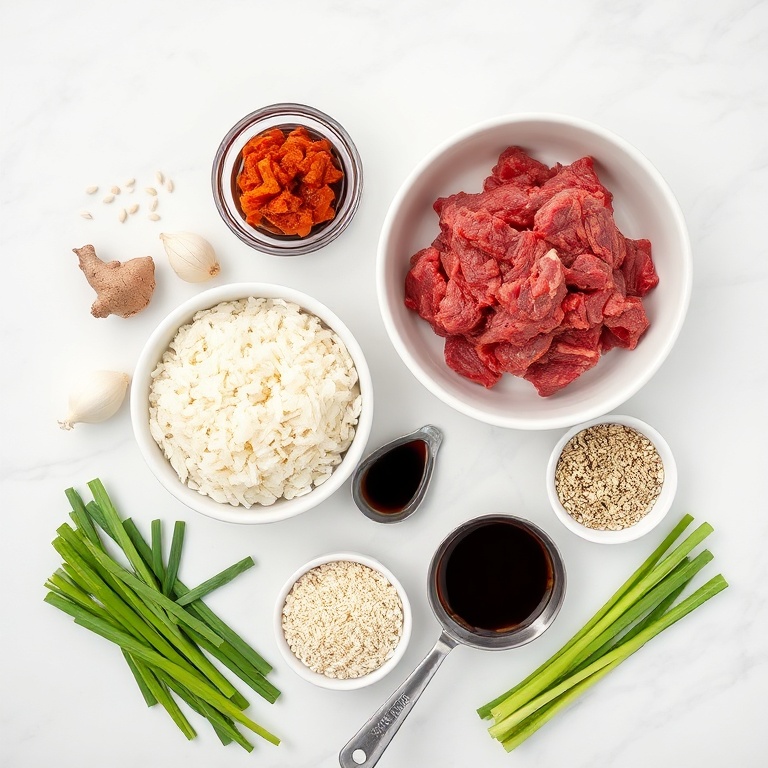 Raw ground beef, rice, soy sauce, garlic, ginger, kimchi, green onions, and sesame seeds arranged in a flat lay. Measuring spoons and bowls visible. Bright light shows texture and color.