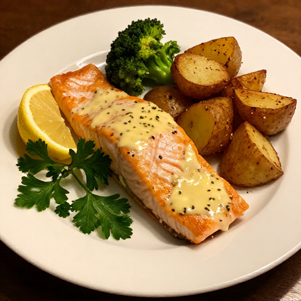 Lemon Butter Salmon with Crispy Potatoes and Broccoli
