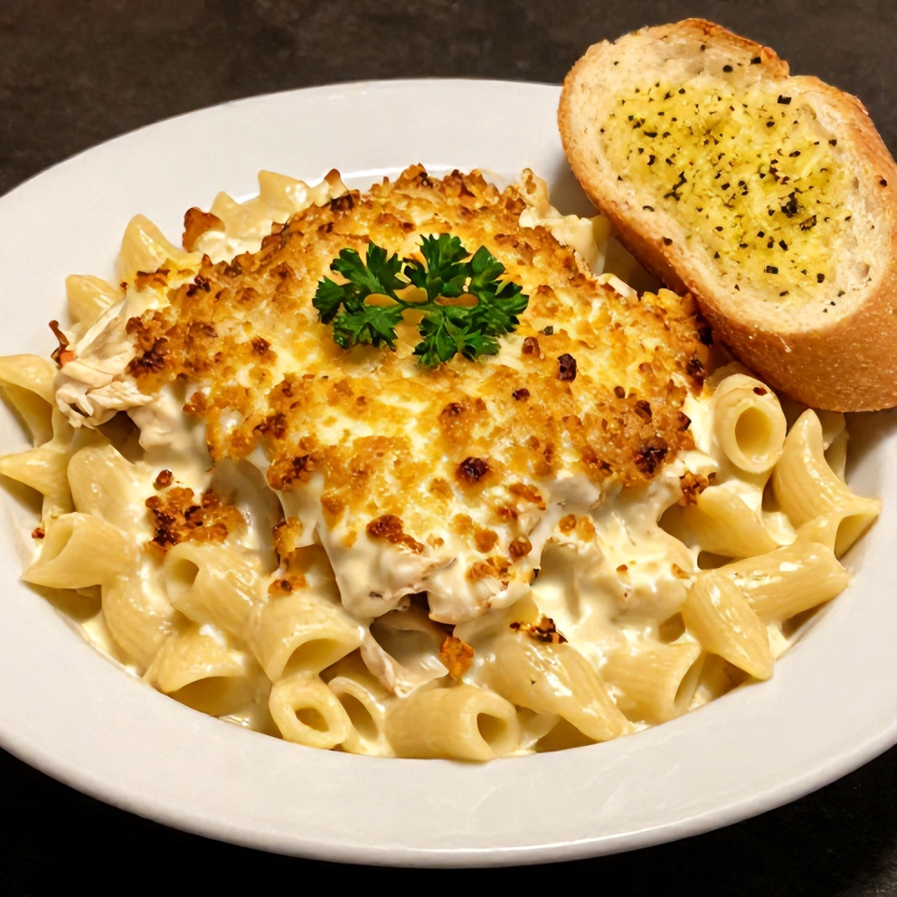 Plated Lemon Chicken Pasta Bake with Fresh Parsley