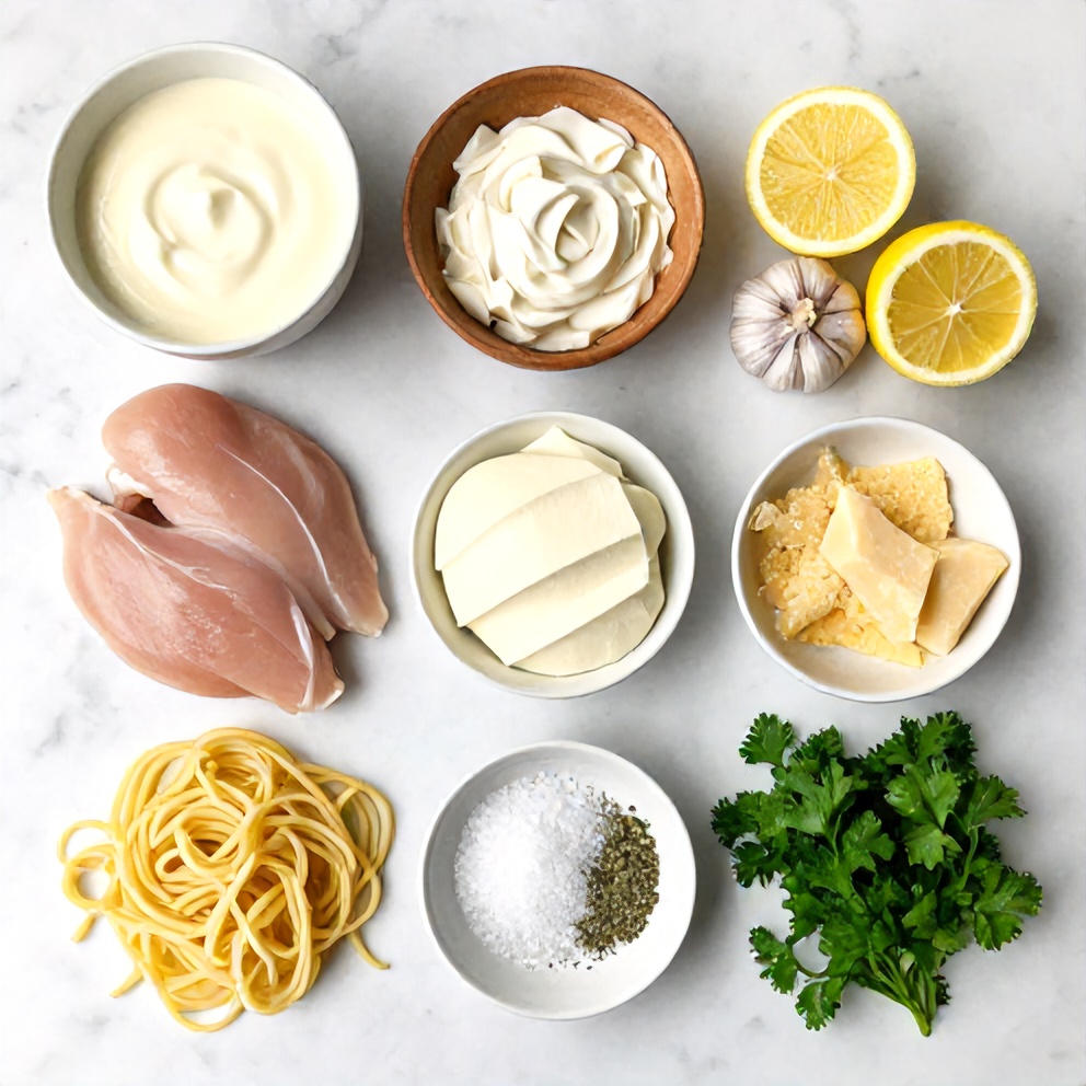 Raw Ingredients for Lemon Chicken Pasta Bake