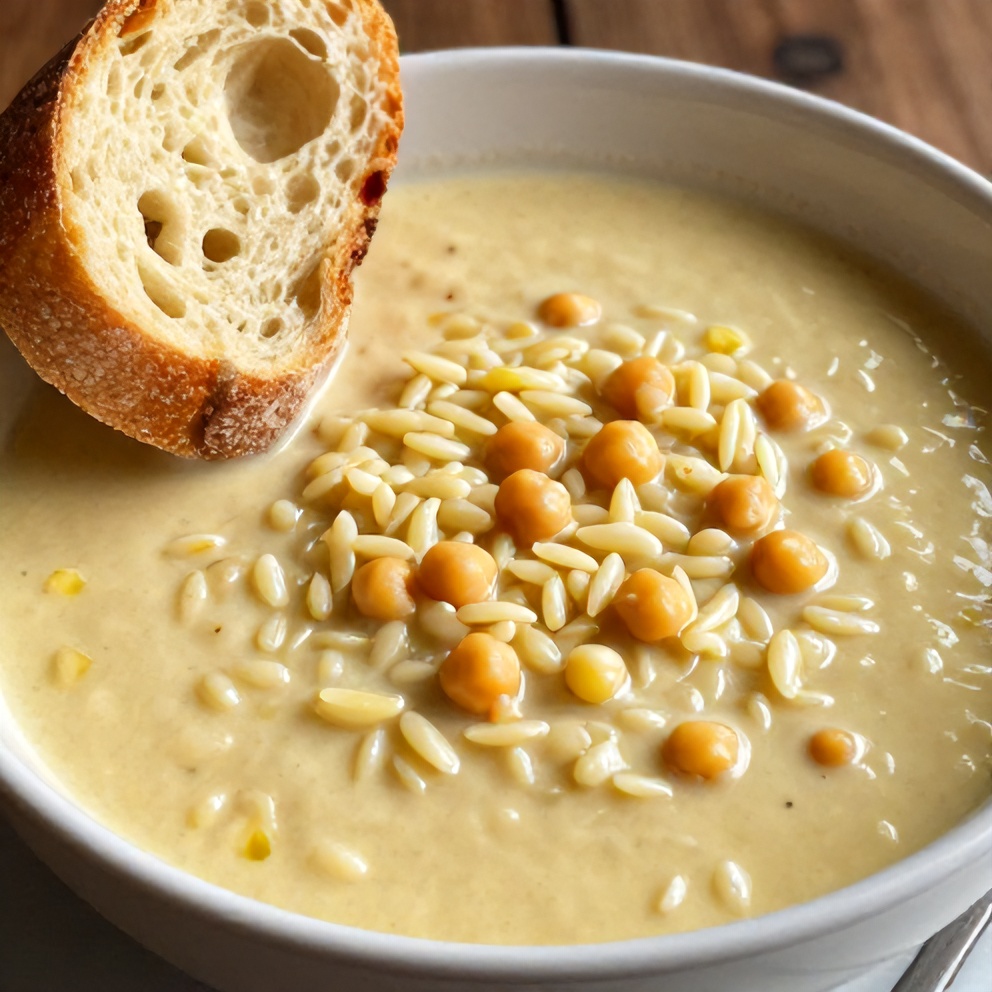 Lemon Chickpea Orzo Soup served in a bowl with crusty bread