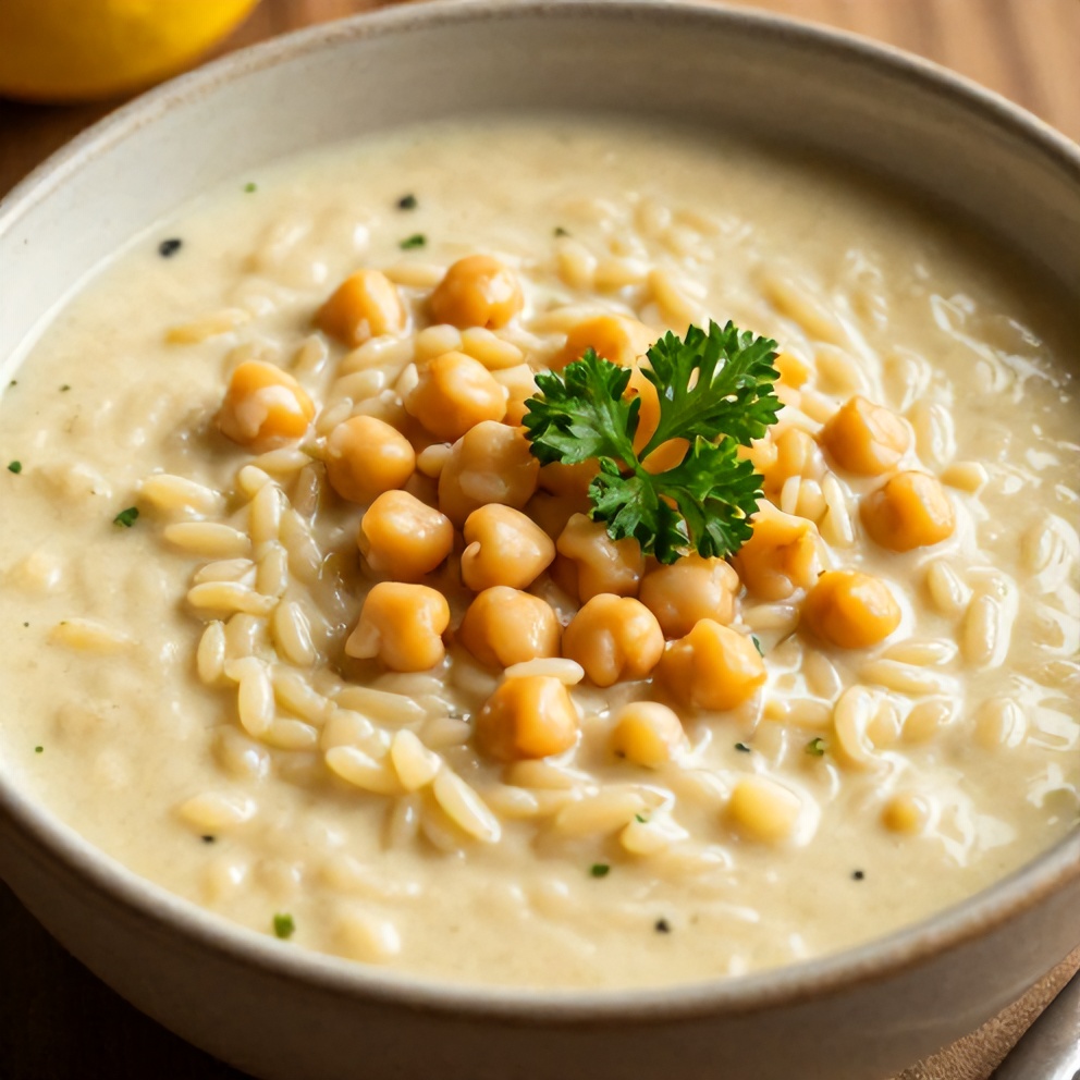 Plated serving of Lemon Chickpea Orzo Soup on a rustic bowl, garnished with fresh parsley