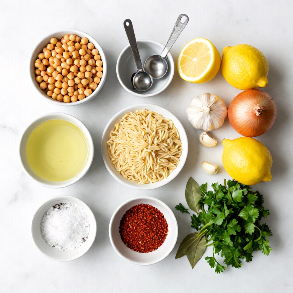 Raw ingredients for Lemon Chickpea Orzo Soup: chickpeas, orzo, onion, garlic, lemon, vegetable broth