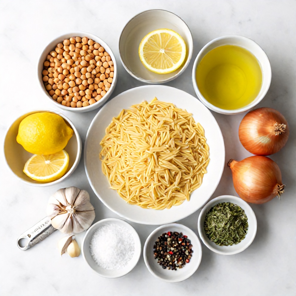 Raw ingredients for Lemon Chickpea Orzo Soup laid out on a white marble surface, including chickpeas, orzo, lemon, and garlic