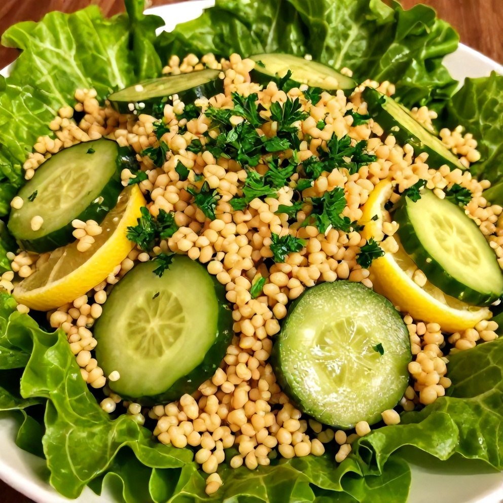 Lemon Cucumber Couscous Salad on a Bed of Greens