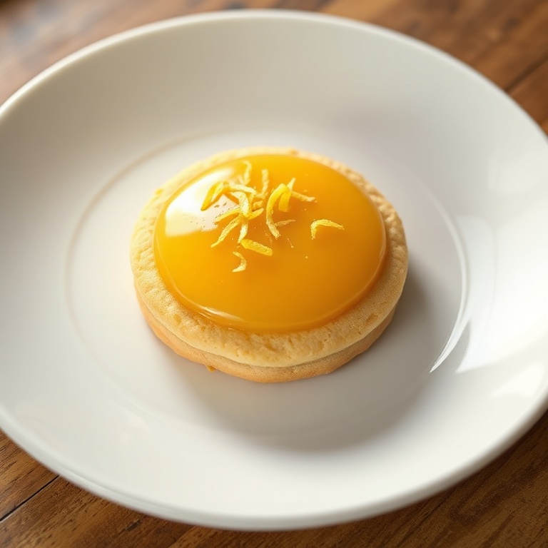A single lemon curd cookie on a white dessert plate with lemon zest garnish, close cropped and golden
