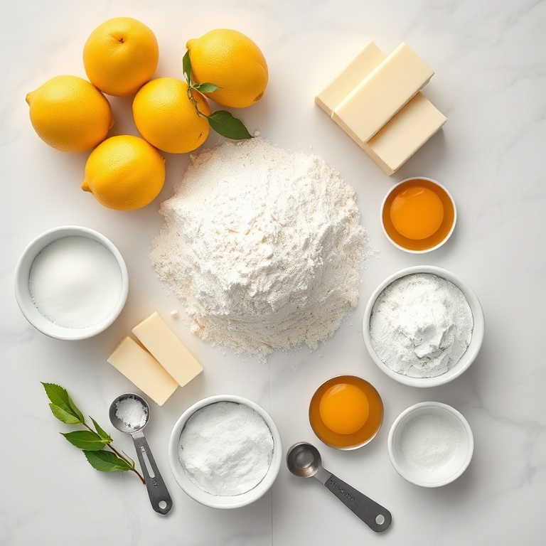 Raw ingredients for lemon curd cookies arranged overhead with lemons, flour, sugar, butter, and eggs as most prominent
