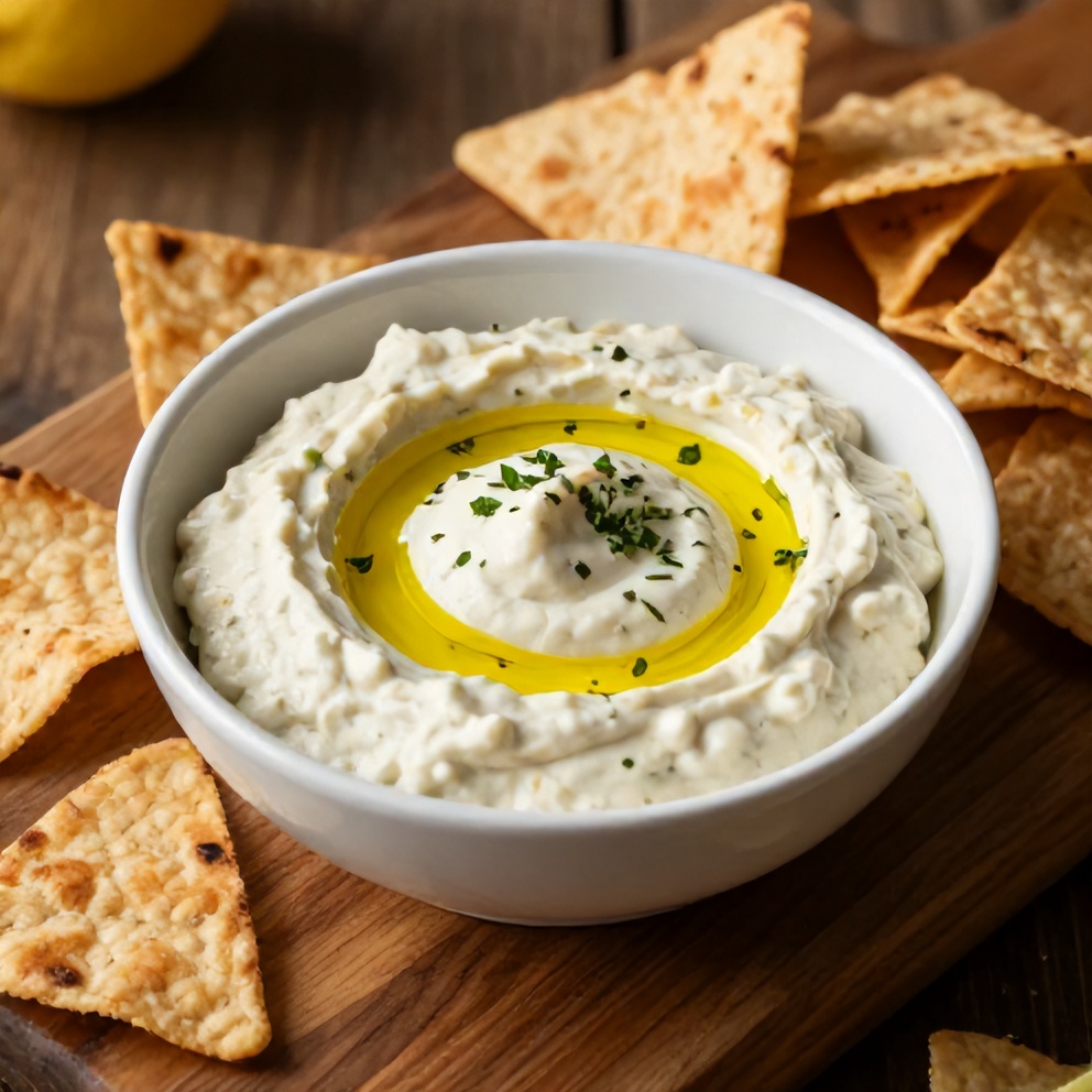 Lemon herb white bean dip served with pita chips on a wooden board
